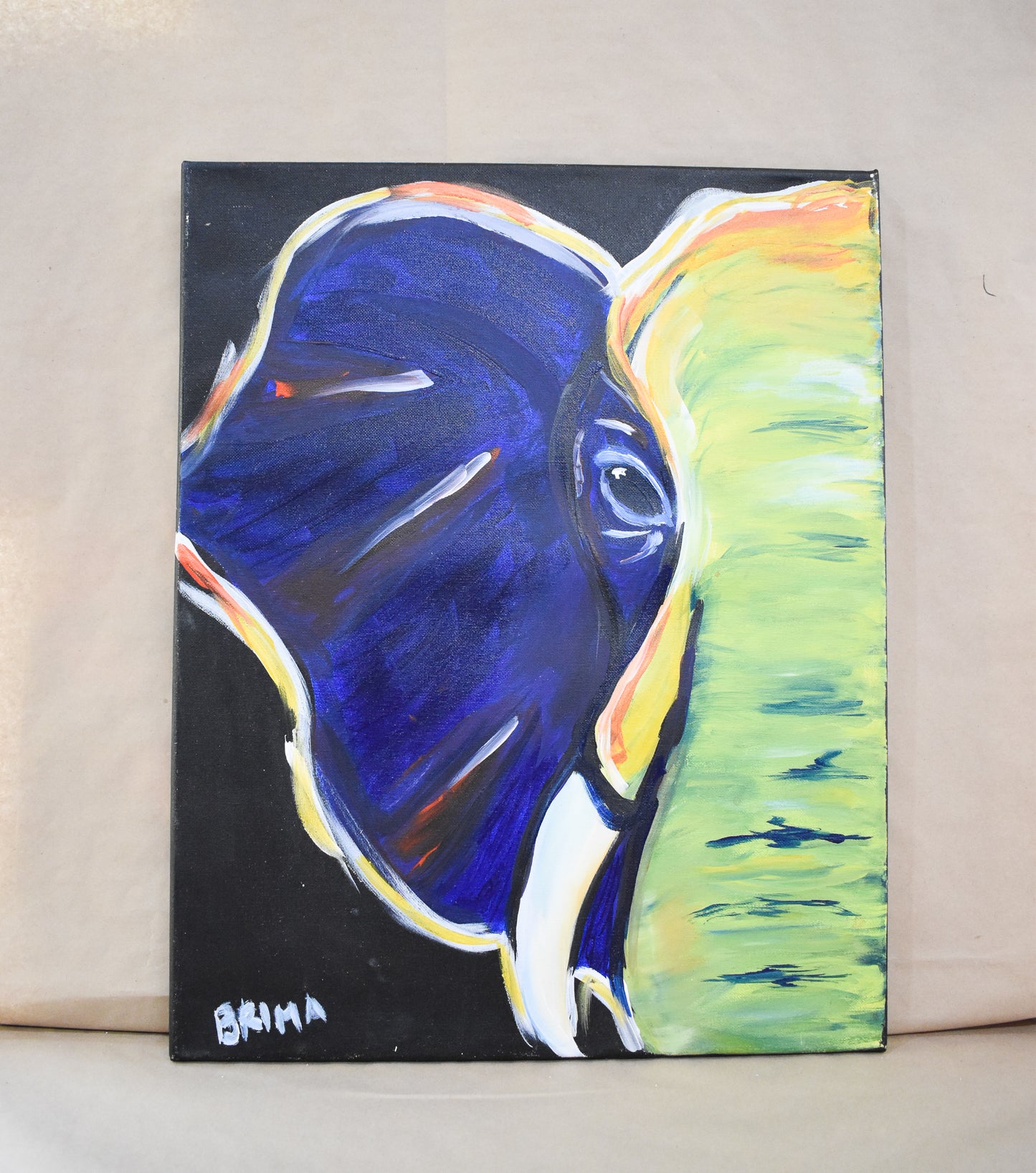 #76 Blue Elephant Painted Canvas