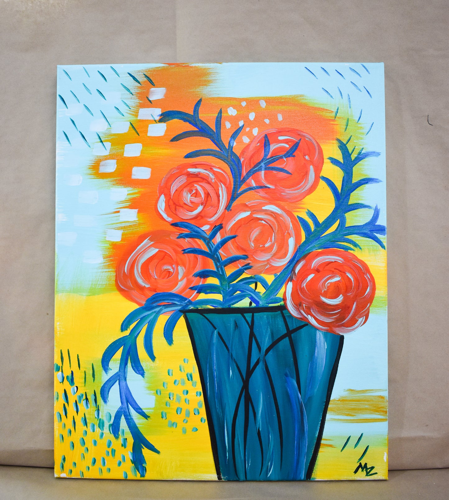 #95 Orange Bouquet Painted Canvas